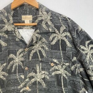 Island Paradise Hawaiian Silk Shirt  Mens Large Black Palm Tree Silk Button Down
